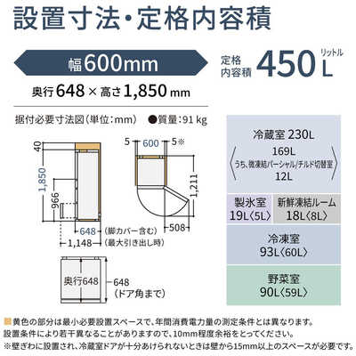 パナソニック Panasonic 冷蔵庫 5ドア 450L 右開き RYタイプ 幅60cm