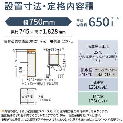パナソニック Panasonic 冷蔵庫 6ドア 650L フレンチドア(観音開き) WX