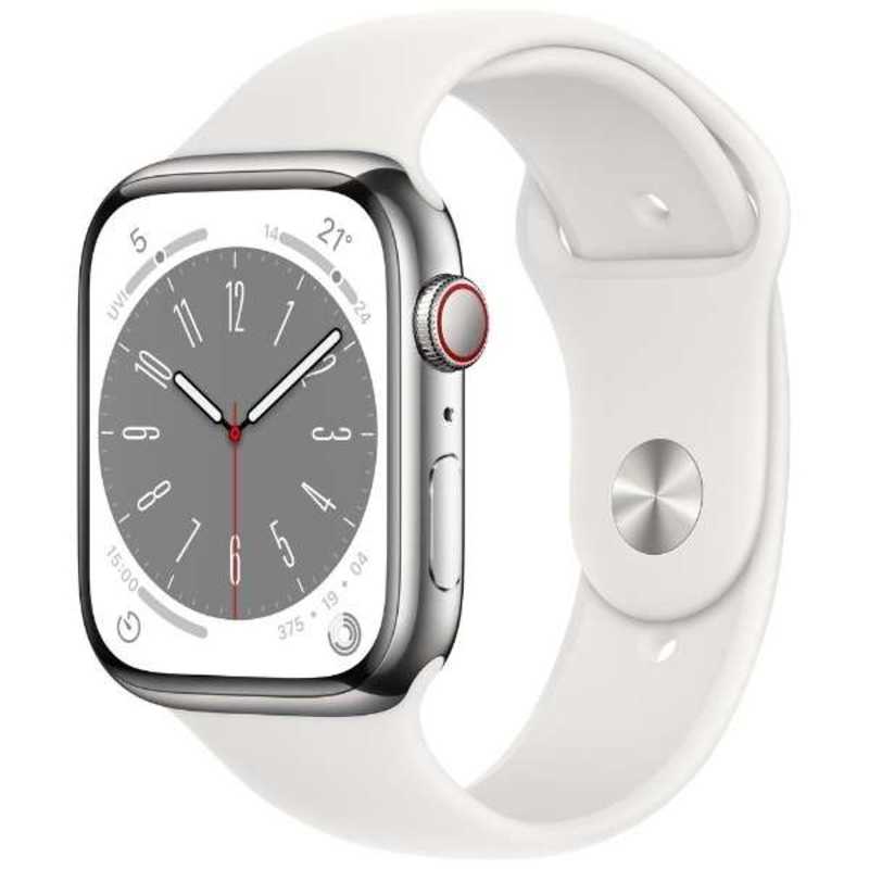 アップル アップル Apple Watch Series 8(GPS + Cellularモデル) 45mmシルバーステンレススチールケースとホワイトスポーツバンド - レギュラー-MNKE3J/A 45mmシルバーステンレススチールケースとホワイトスポーツバンド - レギュラー-MNKE3J/A
