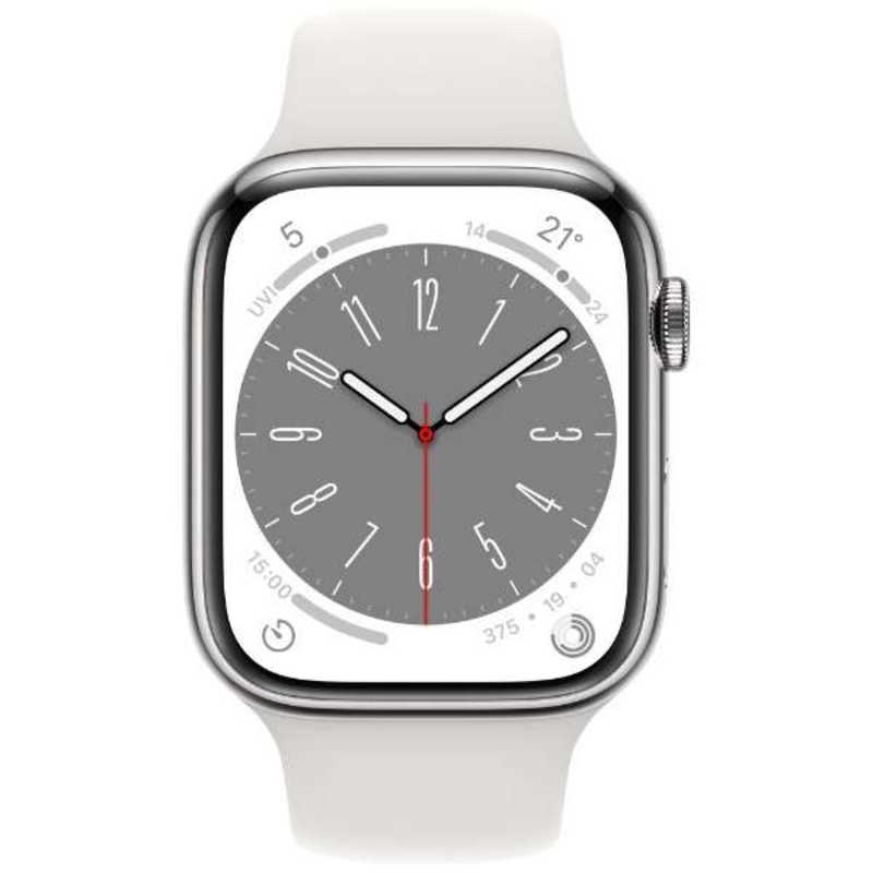 アップル アップル Apple Watch Series 8(GPS + Cellularモデル) 45mmシルバーステンレススチールケースとホワイトスポーツバンド - レギュラー-MNKE3J/A 45mmシルバーステンレススチールケースとホワイトスポーツバンド - レギュラー-MNKE3J/A