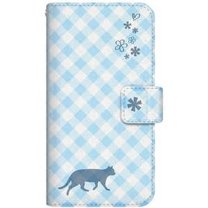CASEMARKET Samsung Galaxy A20 NYAGO スリム手帳型ケース ノート サマー フラワー ダイアリー キャット シルエット - ブルー チェッククロス柄 & てくてくお散