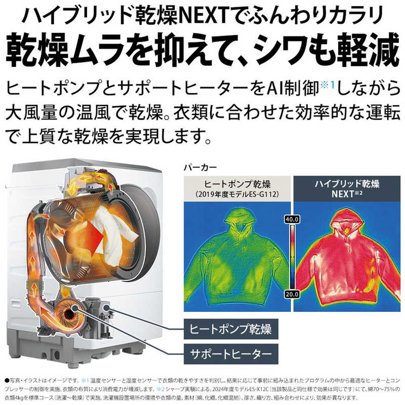 シャープ　SHARP シャープ　SHARP ドラム式洗濯乾燥機 (左開き) 洗濯12.0kg 乾燥6.0kg ハイブリッド乾燥NEXT プラズマクラスター 洗剤自動投入 グレイングレー ES-12X1-HL ES-12X1-HL