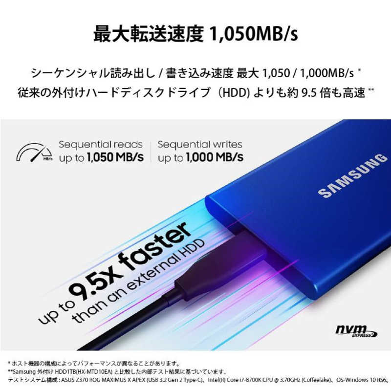 SAMSUNG SAMSUNG USB 3.2 Gen 2対応 ポータブルSSD｢Samsung Portable SSD T7｣1TB MU-PC1T0H/IT ブルｰ MU-PC1T0H/IT ブルｰ