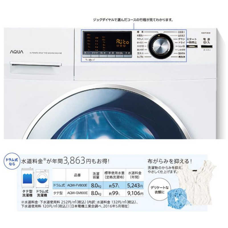 アクア　AQUA アクア　AQUA ドラム式全自動洗濯機 Hot Water Washing 洗濯8.0kg (左開き) AQW-FV800E-W ホワイト AQW-FV800E-W ホワイト