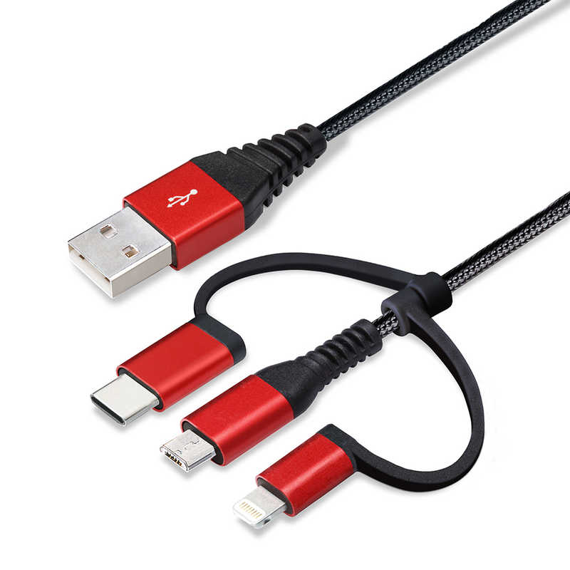 PGA PGA 変換コネクタ付き 3in1 USBタフケーブル(Lightning&Type-C&micro USB)　50cm レッド&ブラック PG-LCMC05M01BK PG-LCMC05M01BK