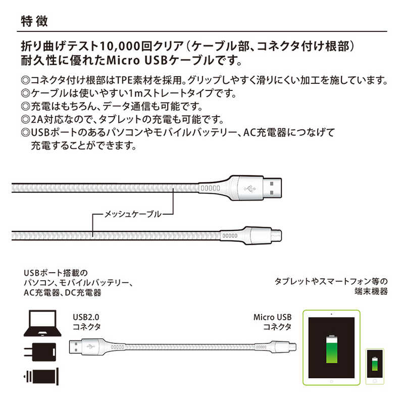 オズマ オズマ スマートフォン用 USB2.0ケーブル 充電･転送 2A (1m･ホワイト) IUD-STSP100W IUD-STSP100W