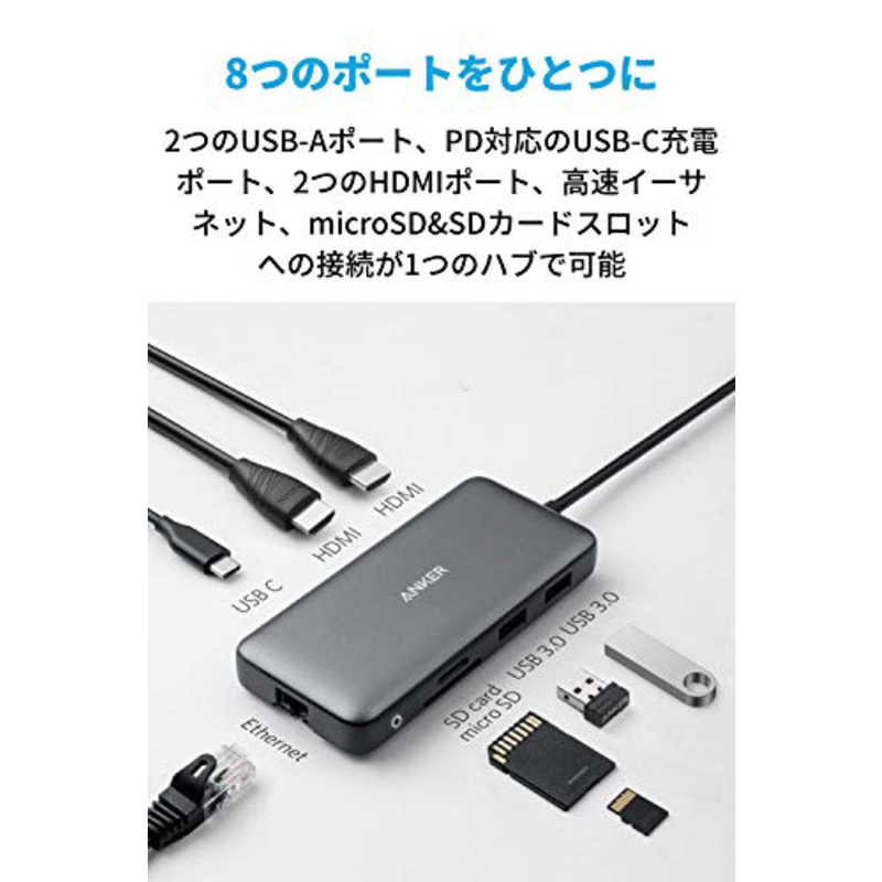 アンカー Anker Japan アンカー Anker Japan ［USB-C オス→メス カードスロットｘ2/HDMIｘ2/LAN/USB-Aｘ2/USB-C］ USB PD対応 100W ドッキングステーション グレー [USB PD対応] A83800A1 A83800A1