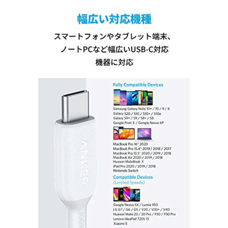 アンカー アンカー Anker PowerLine III USB-C & USB-C 2.0 100W ケーブル （1.8m ホワイト） [1.8m/USB PD対応] A8856021 A8856021