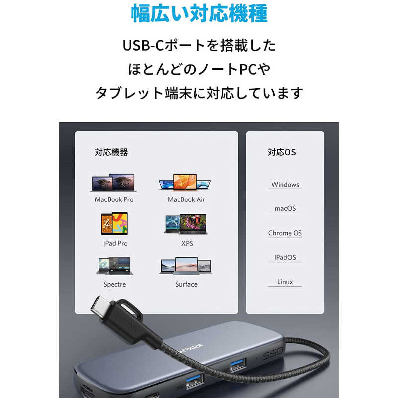 アンカー Anker Japan アンカー Anker Japan Anker PowerExpand 4-in-1 USB-C SSD ハブ (256GB) Gray [バスパワー /4ポート /USB Power Delivery対応] A83470A2 A83470A2