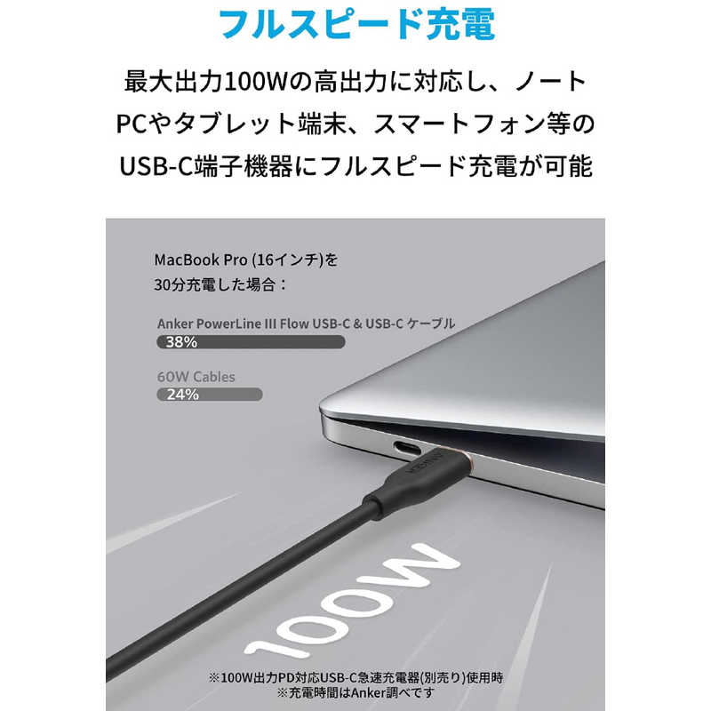 アンカー Anker Japan アンカー Anker Japan Anker PowerLine III Flow USB-C & USB-C ケーブル (1.8m ミッドナイトブラック)  [約1.8m /USB Power Delivery対応] A8553011 A8553011