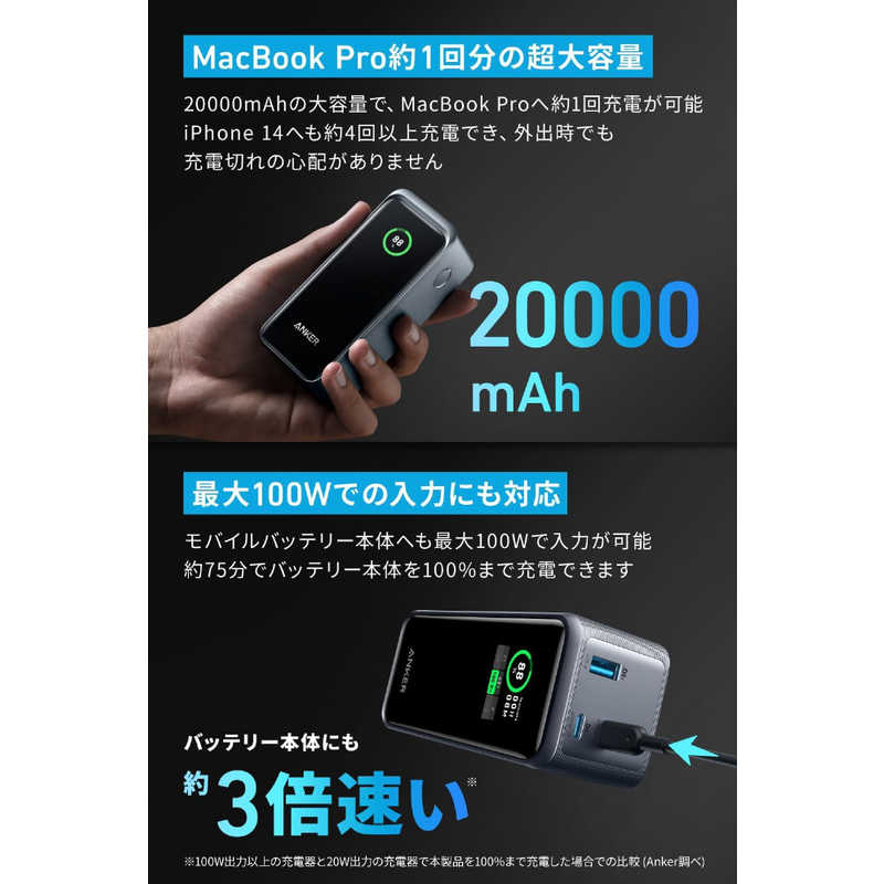 アンカー Anker Japan アンカー Anker Japan モバイルバッテリー Anker Prime Power Bank (20000mAh、200W) ［USB Power Delivery対応 /3ポート /充電タイプ］ ブラック A1336011 A1336011