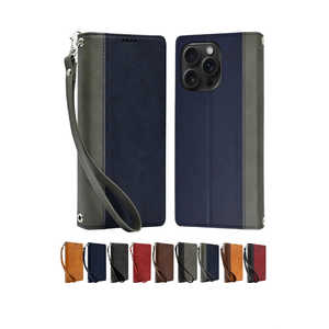 shizukawill iPhone15 Pro Max 手帳型 本革調ケース ネイビー×グレー APIP15PMBING