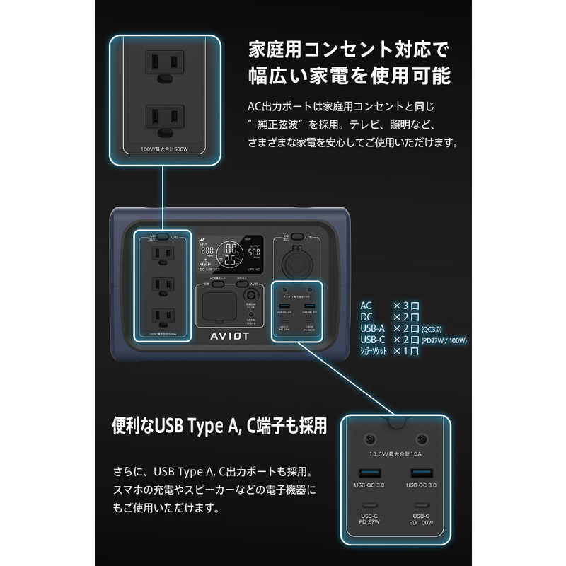 AVIOT AVIOT ポータブル電源 ［10出力 /AC・DC・ソーラー充電 /USB Power Delivery対応］ ベージュ PS-F500-BE PS-F500-BE