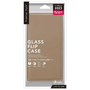 PGA iPhone 15(6.1インチ) ガラスフリップケース スクエアデザイン Premium Style ベージュ PG-23AGF06BE