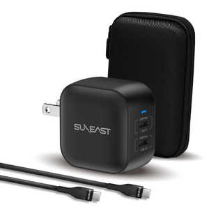 SUNEAST USB急速充電器 48w USB-Cポート×2 / USB Power Delivery対応 / GaN(窒化ガリウム) 採用 シリコンケーブルPD対応60W(1m付) 収納ポーチ付 ブラック [2ポ SUNEAST USB急速充電器 48w USB-Cポート×2 / USB Power Delivery対応 / GaN(窒化ガリウム) 採用 シリコンケーブルPD対応60W(1m付) 収納ポーチ付 ブラック [2ポ