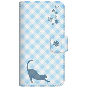 CASEMARKET AQUOS wish NYAGO スリム手帳型ケース ノート サマー フラワー ダイアリー キャット シルエット - ブルー チェッククロス柄 & のびのび?! A104SH-BNG CASEMARKET AQUOS wish NYAGO スリム手帳型ケース ノート サマー フラワー ダイアリー キャット シルエット - ブルー チェッククロス柄 & のびのび?! A104SH-BNG