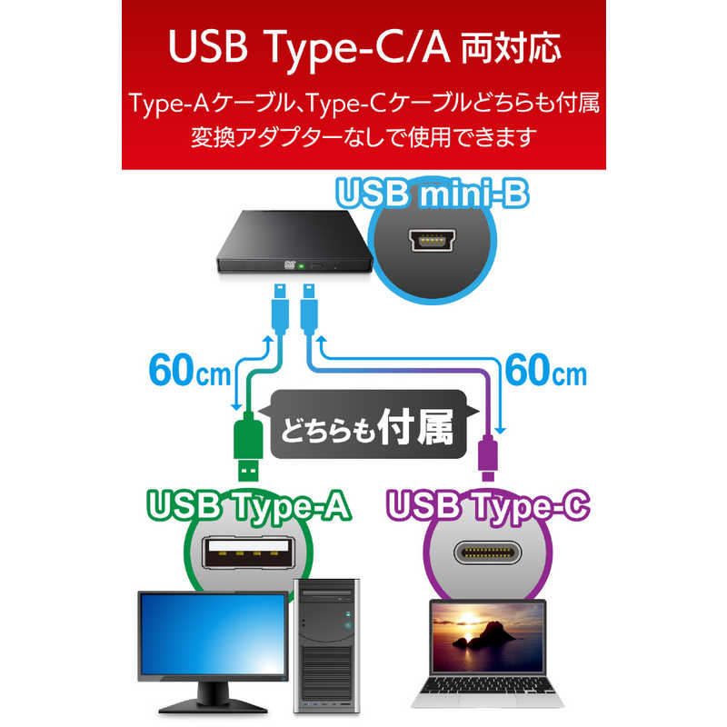 エレコム　ELECOM エレコム　ELECOM DVDドライブ USB2.0 薄型 オールインワンソフト付 Type-Cケーブル付 ブラック LDR-PMK8U2CVBK [USB-A/USB-C] LDR-PMK8U2CVBK [USB-A/USB-C]