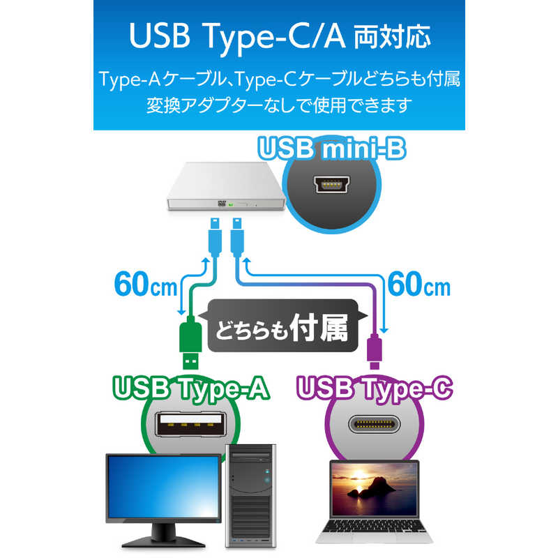 エレコム　ELECOM エレコム　ELECOM ポータブルDVDドライブ USB2.0 薄型 Type-Cケーブル付 ホワイト LDR-PMK8U2CLWH [USB-A/USB-C] LDR-PMK8U2CLWH [USB-A/USB-C]