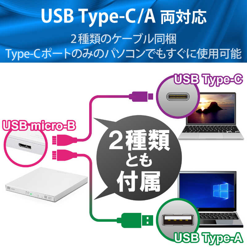 ロジテック ロジテック Blu-rayディスクドライブ USB3.2 Gen1(USB3.0) スリム 再生&編集ソフト付 UHDBD対応 Type-Cケーブル付属 ホワイト LBD-PVA6U3CVWH LBD-PVA6U3CVWH