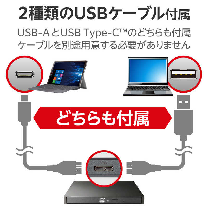 エレコム　ELECOM エレコム　ELECOM 外付け DVDドライブ CD DVD 対応 USB 3.2 Gen1 ケーブル2本( Type-C ＋ Type-A ) ブラック LDR-PWA8U3CVBK LDR-PWA8U3CVBK