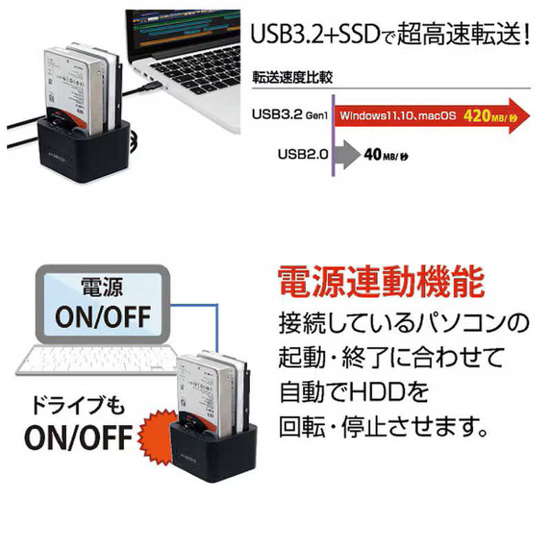 ITPROTECH ITPROTECH HDD/SSDスタンド クローン機能搭載 USB-A接続(Widnwos11対応) ［3.5インチ＆2.5インチ対応/SATA/2台］ブラック AOK-CLONE-U32 AOK-CLONE-U32