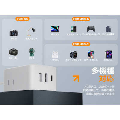 TESSAN USB-C付3口ACマルチ電源タップ(2m) ［2.0m /3個口
