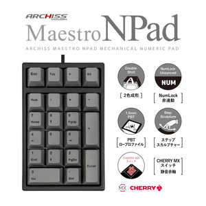 ARCHISS アーキス Maestro Npad メカニカルテンキーパッド CHERRY MX 静音赤軸 21キー 黒ボディ・グレーキーキャップ PBT2色成形 [有線 /USB] AS-TKM21/SRGB