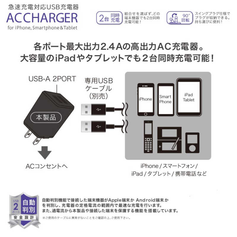 オズマ オズマ USB給電 自動判別機能付き AC - USB充電器4.8A (2ポート･ブラック) IH-ACU248ADK IH-ACU248ADK ブラック IH-ACU248ADK IH-ACU248ADK ブラック