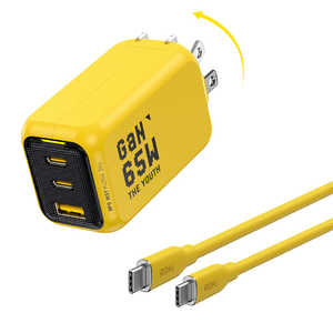 AOHI THE YOUTH PD ケーブルセット USB C×2ポート USB A×1ポート PC/タブレット/携帯電話 65W急速充電 イエロー RE-JEYTP65YL2