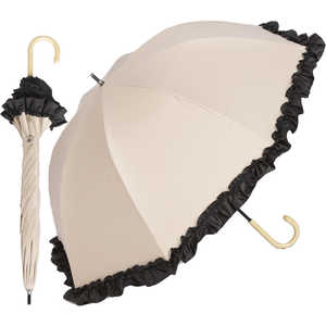 KIZAWA ショート丈日傘 50cm ラタンハンドル 深張り シングルフリル ［晴雨兼用傘 /50cm］ ベージュ×ブラック M50DQ-081API-beige-black