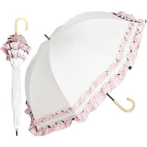 KIZAWA ショート丈日傘 50cm ラタンハンドル 深張り ダブルフリル ［晴雨兼用傘 /50cm］ オフ×ピンク M50SQ-081API-off-pink