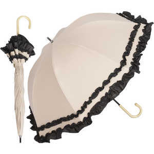 KIZAWA ショート丈日傘 50cm ラタンハンドル 深張り ダブルフリル ［晴雨兼用傘 /50cm］ ベージュ×ブラック M50SQ-081API-beige-black
