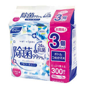 LIFEDOPLUS ウェットティッシュ 除菌シート アルコールタイプ 無香料 100枚入 3個パック ボトル詰替え用 リファイン 615723