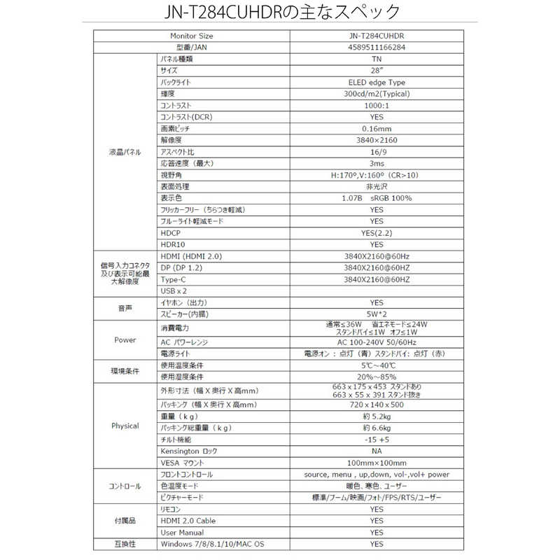 JAPANNEXT JAPANNEXT PCモニター [28型 /4K(3840×2160） /ワイド] JN-T284CUHDR JN-T284CUHDR