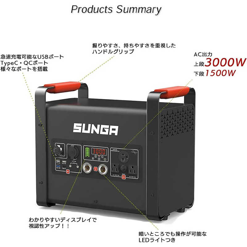 SUNGA SUNGA ポータブル電源 SUNGA ブラック SUNGA ［10出力 /AC・ソーラー充電］ LK3000 LK3000