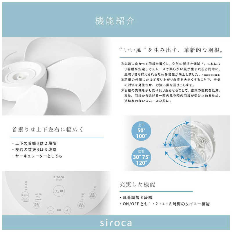 SIROCA SIROCA DC 3Dサーキュレーター扇風機 ホワイト [DCモーター搭載/リモコン付き] SF-C211 SF-C211