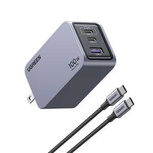UGREEN Nexode Pro 100W GaN �}���[�d�� (1.5m USB-C�P�[�u���t��) �m3�|�[�g / Quick Charge�Ή� / GaN(�����K���E��) �̗p�n �u���b�N 25873