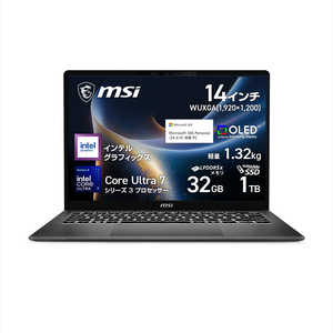 MSI �m�[�g�p�\�R�� [ Copilot+ PC / 14�^ / Win11 Home / Core Ultra 7 / 32GB / 1TB / M365 or Office ] �v���`�i�O���C Prestige-14-AI�{D3MG-2619JP