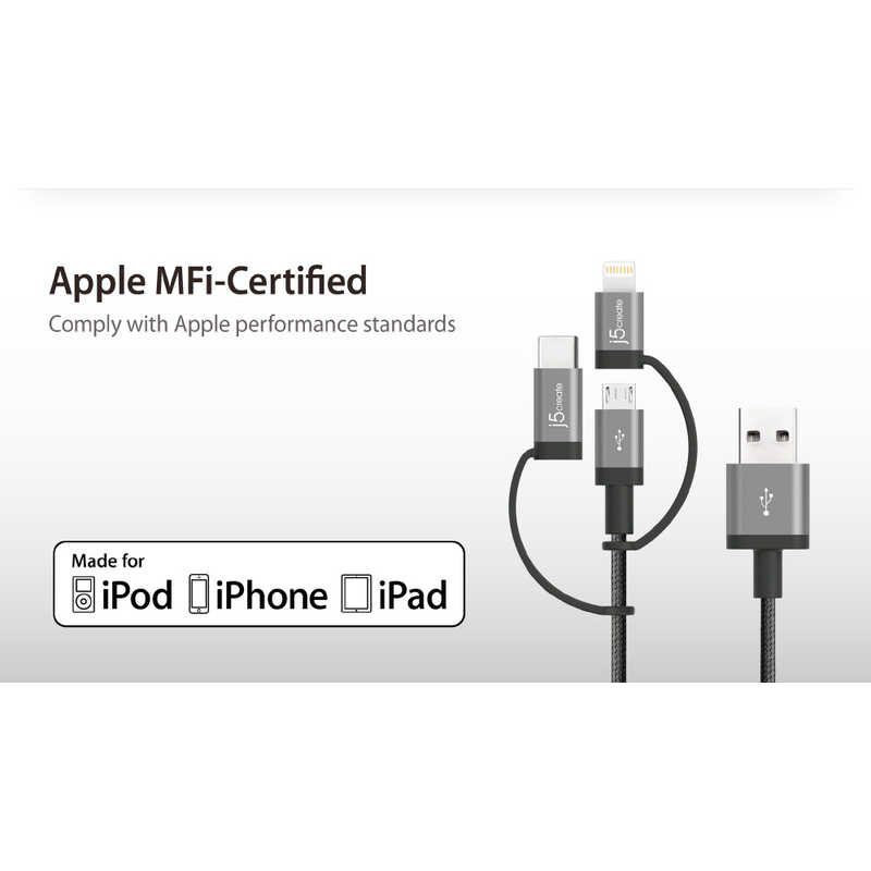 J5 J5 [USB-A to MicroB&Lighting&USB-C]USBケーブル 充電･転送 2.4A JMLC11 (1m･ローズゴールド)MFI認証 JMLC11R JMLC11R
