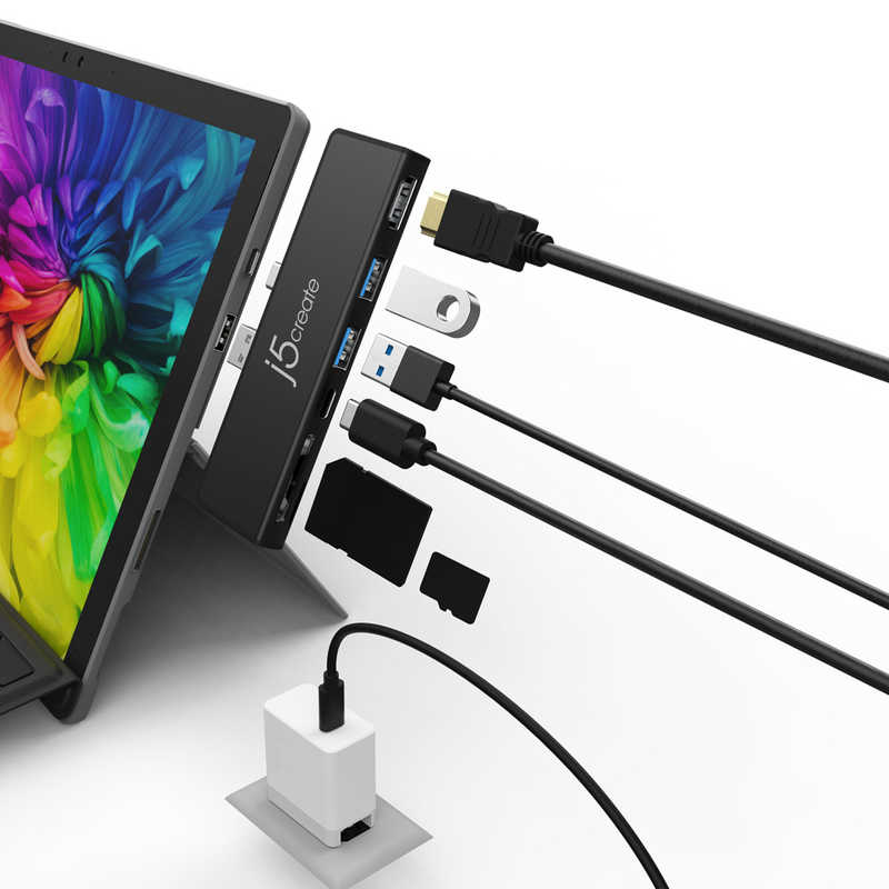J5 J5 Surface Pro 7専用｢USB-C/USB-A オス→メス HDMI/USB-A Gen2x2/USB-C Gen2 or PD/SD/MicroSD｣ 7in1ミニドック ブラック ブラック JCD324B JCD324B