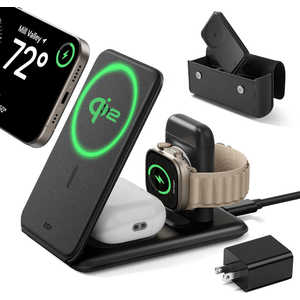 ESR Qi2、MagSafe対応ワイヤレストラベル充電器 ［USB Power Delivery対応 /3ポート /15W］ Black Qi23-in-1TravelWirelessChargingSet
