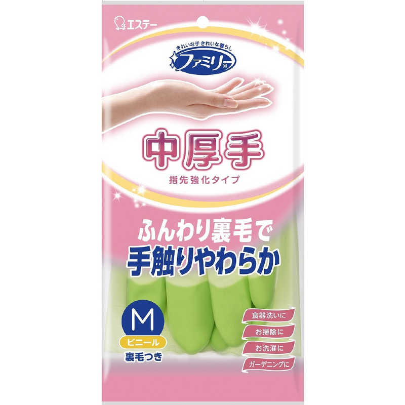 エステー エステー ファミリー ビニール手袋 中厚手 指先強化 Mサイズ グリーン ST71212 ST71212