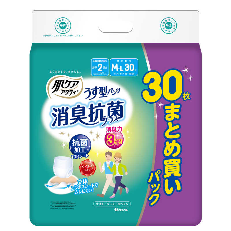 日本製紙クレシア 日本製紙クレシア 肌ケアアクティ うす型パンツ消臭抗菌プラス M-L30枚  