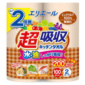 大王製紙 エリエール超吸収キッチンタオル無漂白 100カット×2ロール 
