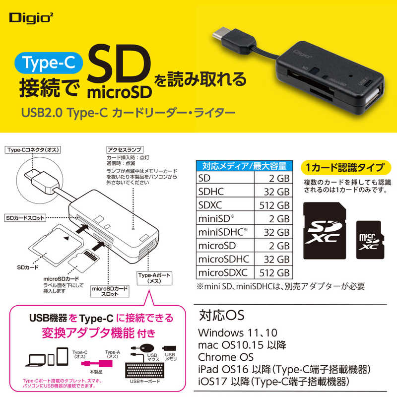 ナカバヤシ ナカバヤシ 変換アダプタ機能付 USB2.0 Type-C接続SDカードカードリーダー ［USB2.0 /スマホ・タブレット対応］ CRWCSD90BK CRWCSD90BK