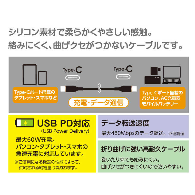 ナカバヤシ ナカバヤシ やわらかシリコンケーブル PD対応Type-Cケーブル 1m ［USB Power Delivery対応］ ZUHCCPD210BK ZUHCCPD210BK
