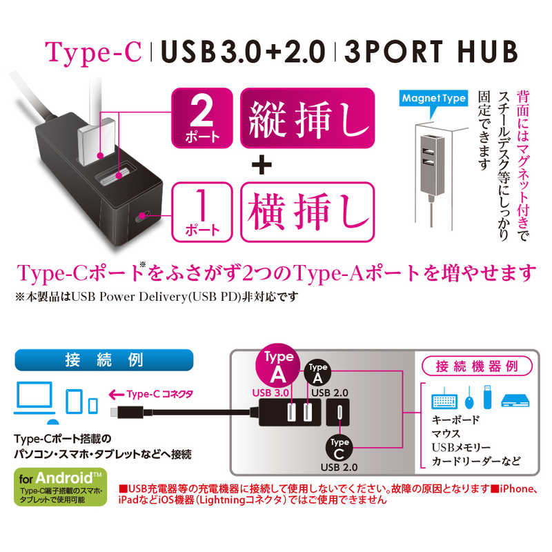 ナカバヤシ ナカバヤシ Type-C USB3.0+2.0 3ポートハブ 120cm UH-C3123 UH-C3123