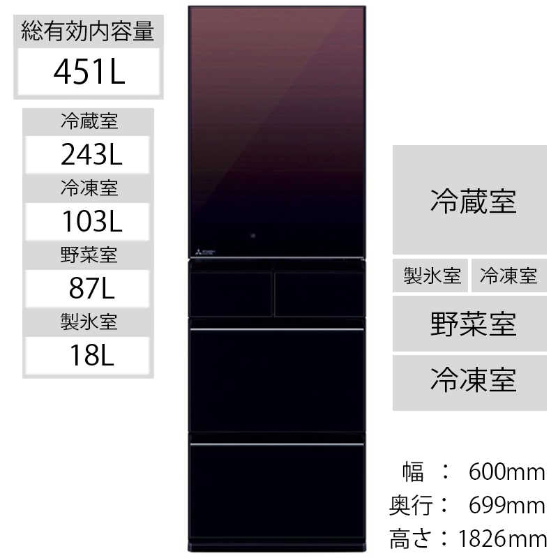 三菱　MITSUBISHI 三菱　MITSUBISHI 5ドア冷蔵庫 MBシリーズ (右開きタイプ /451L) MR-MB45F-ZT MR-MB45F-ZT