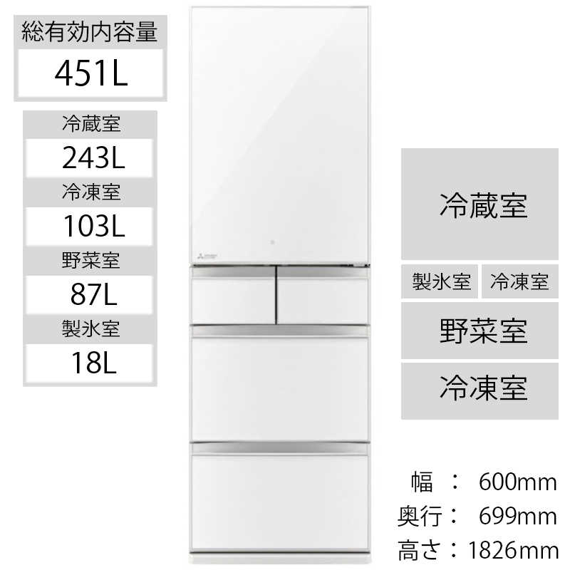三菱　MITSUBISHI 三菱　MITSUBISHI 冷蔵庫 置けるスマート大容量 MBシリーズ 5ドア 右開き 451L MR-MB45G-W クリスタルホワイト MR-MB45G-W クリスタルホワイト