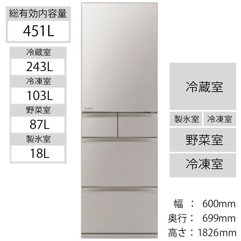 三菱　MITSUBISHI 三菱　MITSUBISHI 冷蔵庫 置けるスマート大容量 MBシリーズ 5ドア 右開き 451L MR-MB45G-C グレイングレージュ MR-MB45G-C グレイングレージュ